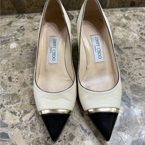 Jimmy Choo Cap Toe Pumps Cream Black Gold Pointed Toe Leather Heels sz 36